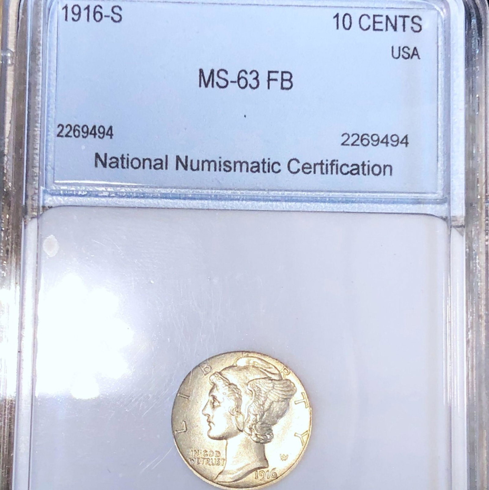 1916-S Mercury Silver Dime NNC - MS 63 FB: 1916-S Mercury Silver Dime NNC - MS 63 FB