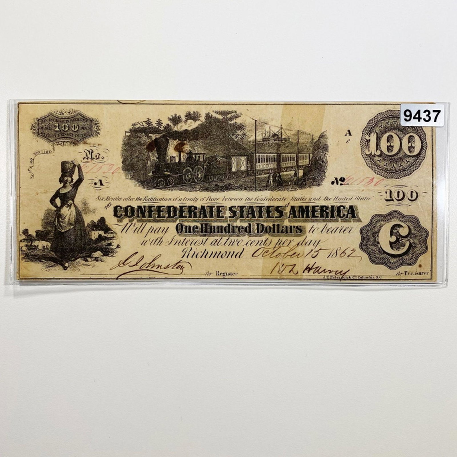 1862 Confederate $100 Bill ABOUT UNCIRCULATED: 1862 Confederate $100 Bill ABOUT UNCIRCULATED