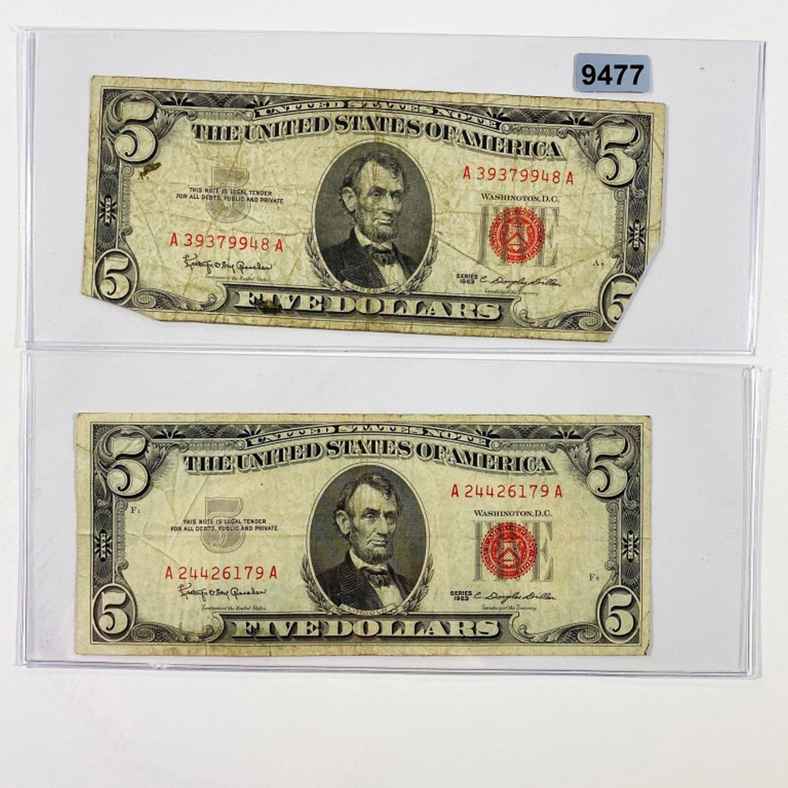 (2) 1963 Red Seal $5 Bills NICELY CIRCULATED: (2) 1963 Red Seal $5 Bills NICELY CIRCULATED