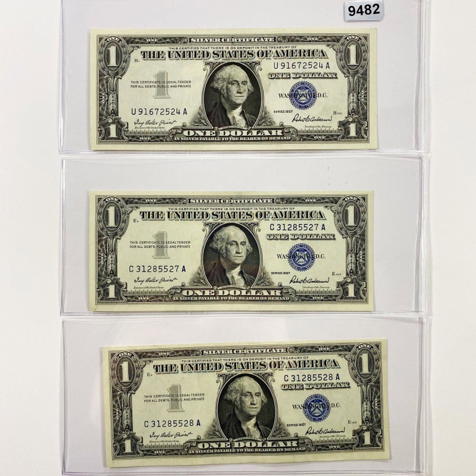 (3) 1957 Blue Seal $1 Bills UNCIRCULATED: (3) 1957 Blue Seal $1 Bills UNCIRCULATED