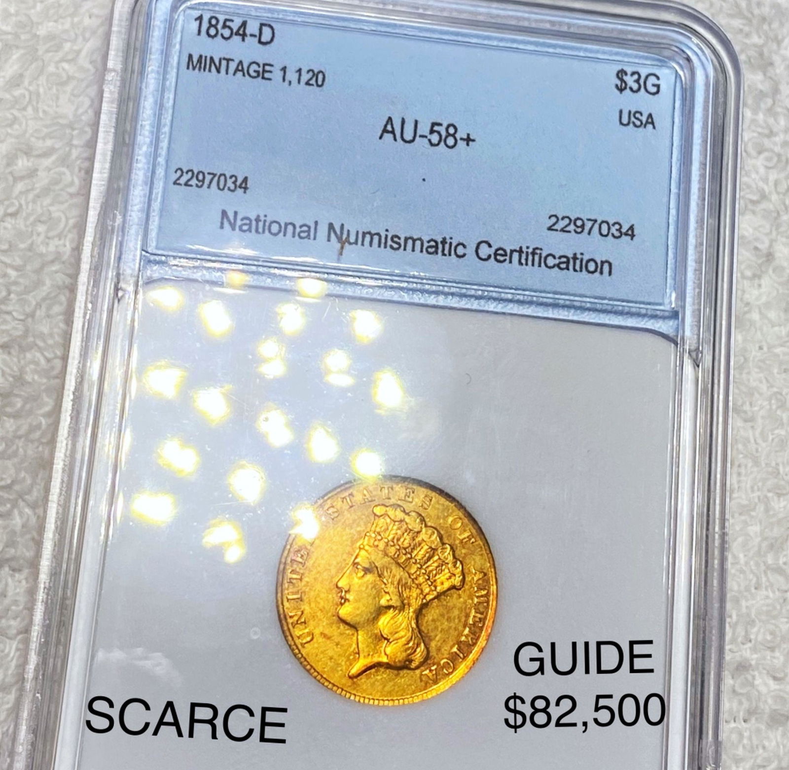 1854-D $3 Gold Piece NNC - AU58+ (1 of 2)