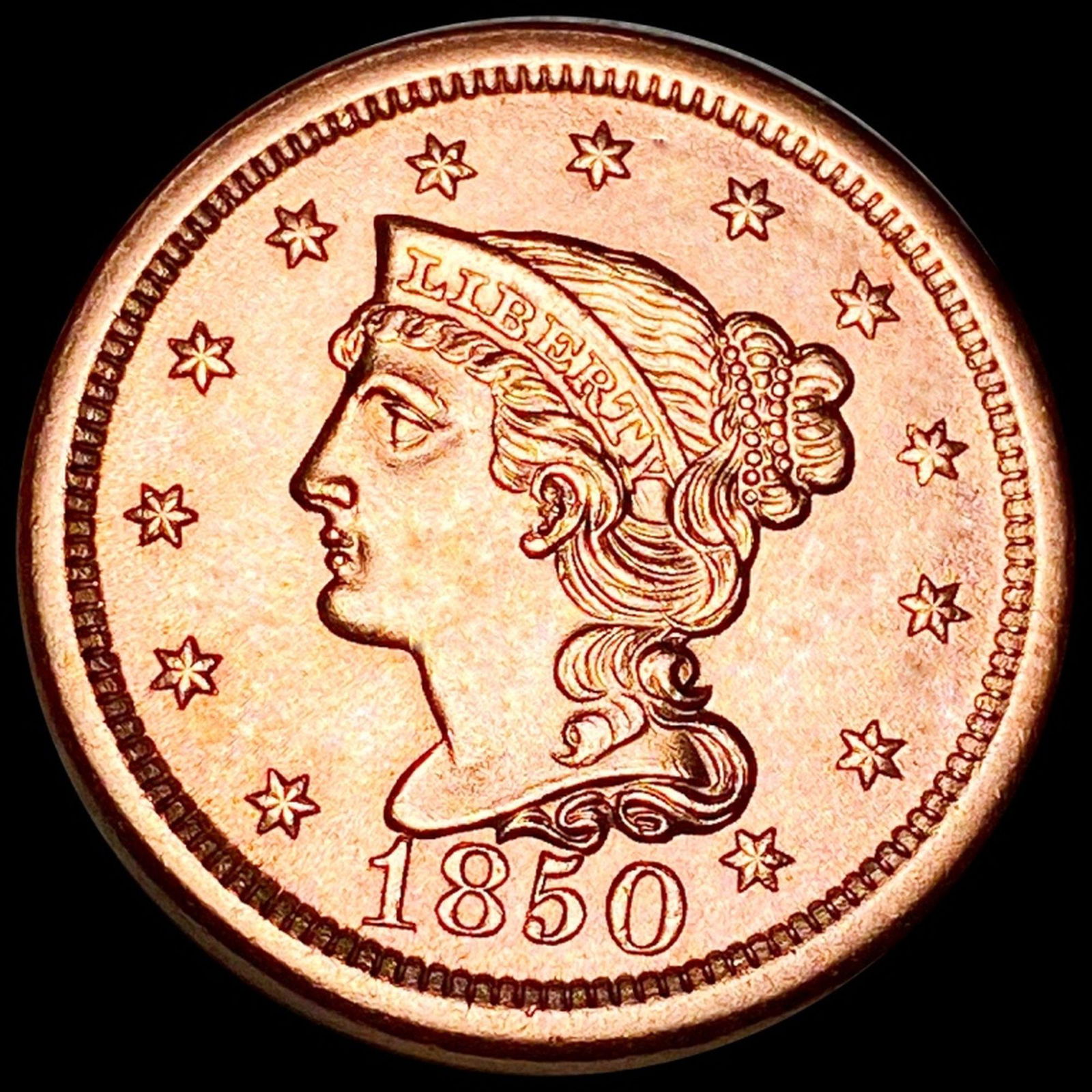 1850 Braided Hair Large Cent CHOICE BU RED (1 of 2)
