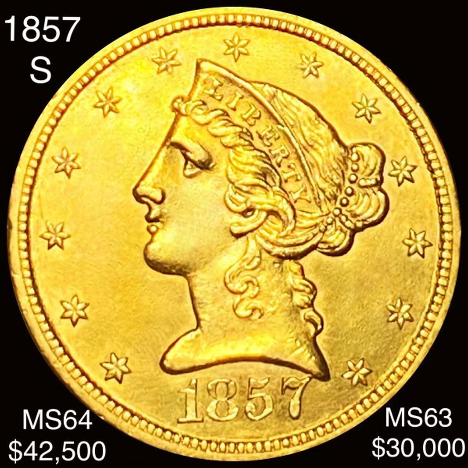 1857-S $5 Gold Half Eagle CHOICE BU (1 of 2)