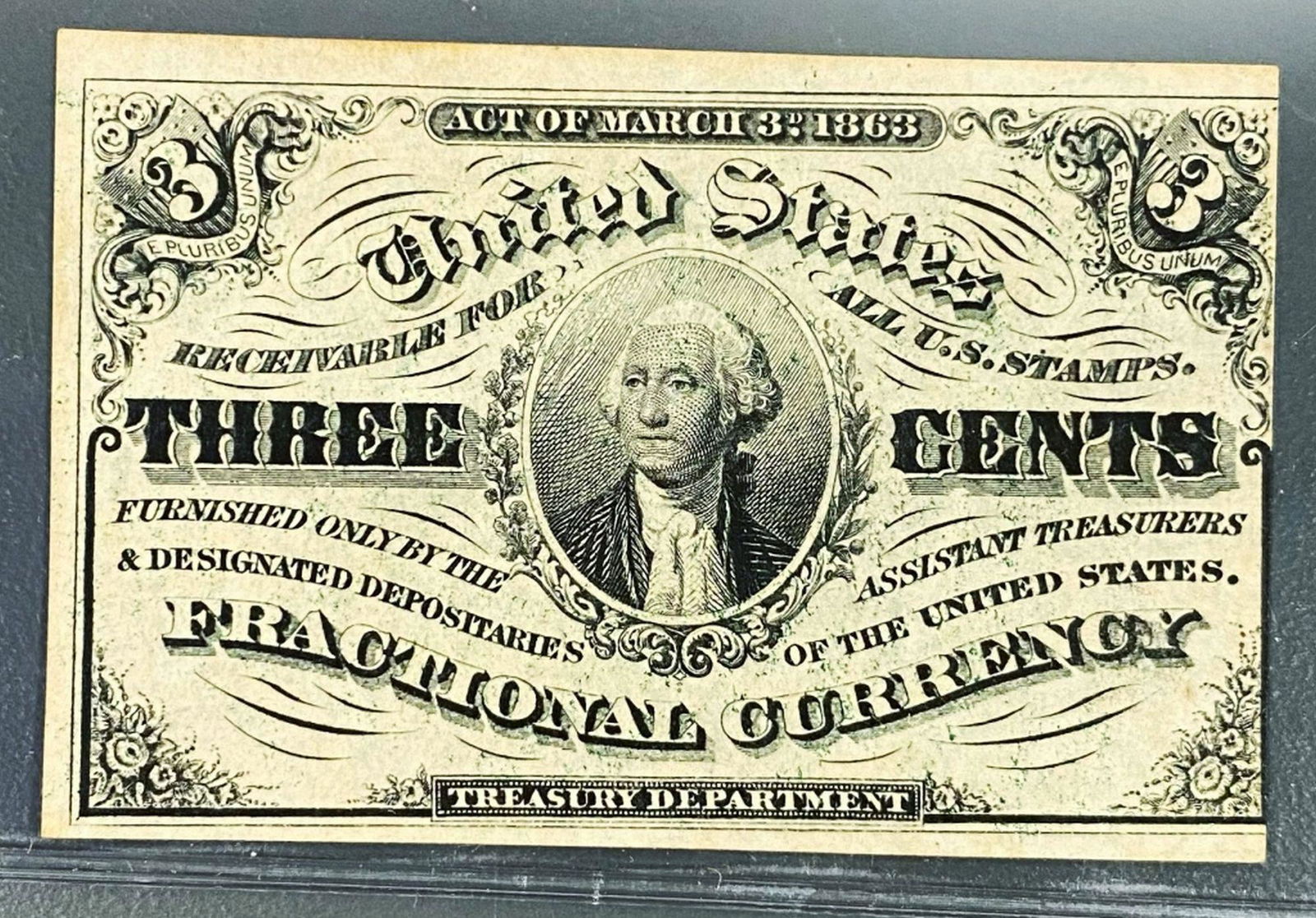 1863 US Fractional Currency 3 Cents Bill UNC (1 of 2)