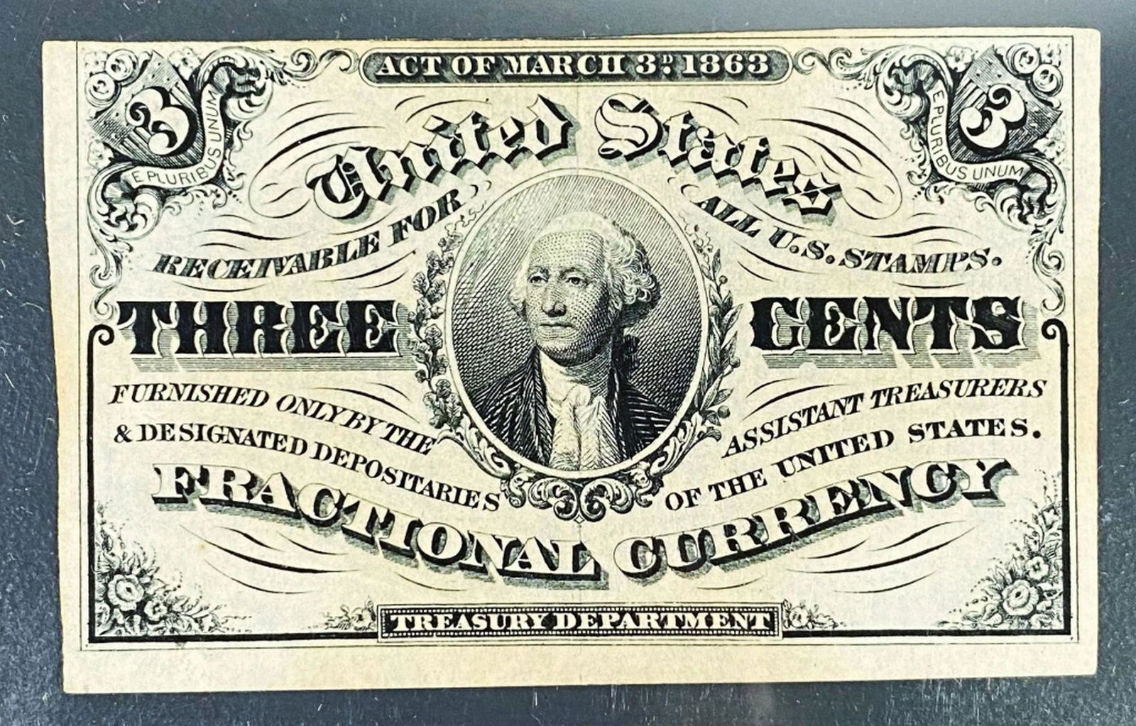 1863 US Fractional Currency 3 Cents Bill UNC (1 of 2)
