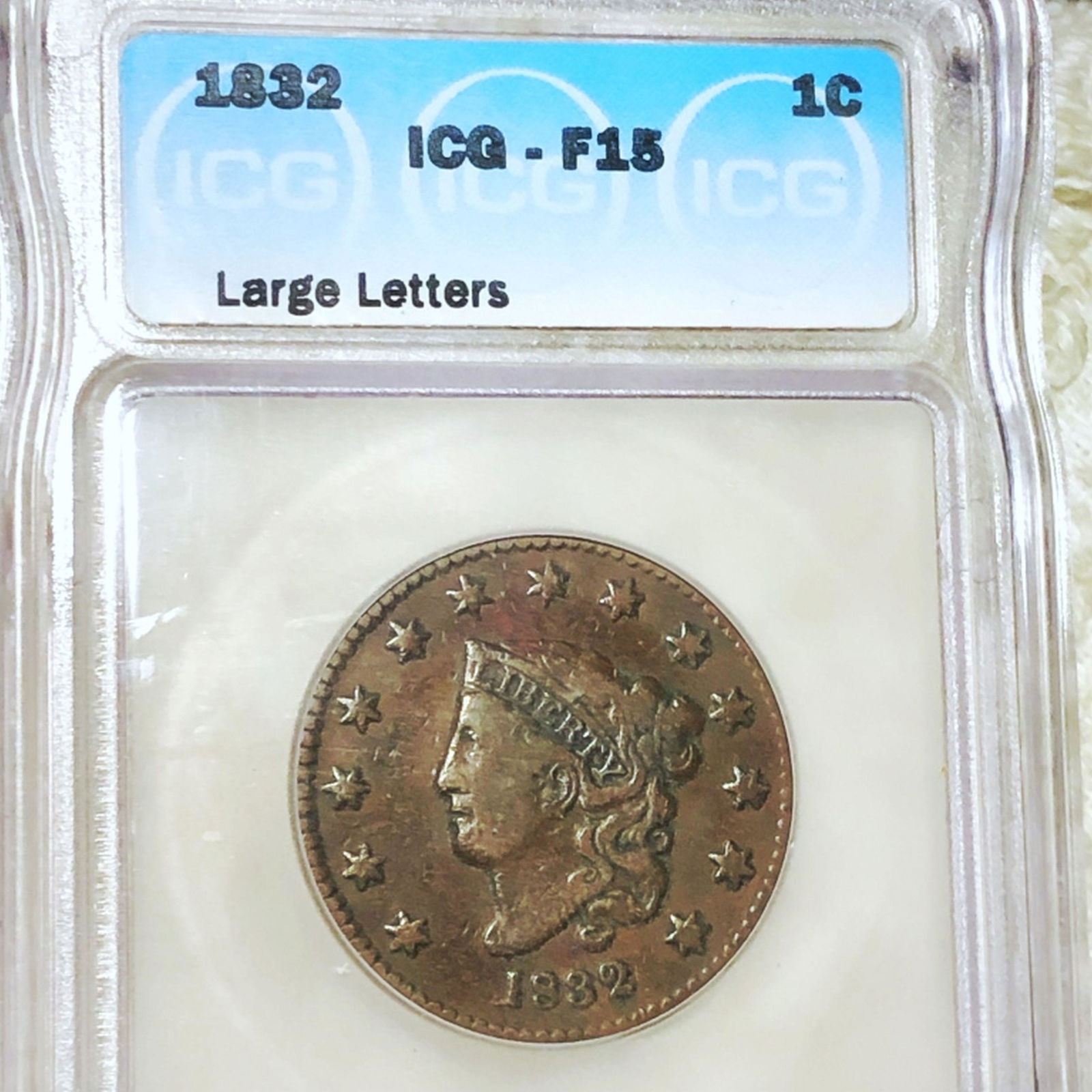 1832 Coronet Head Large Cent ICG - F15 LRG LTRS (1 of 2)