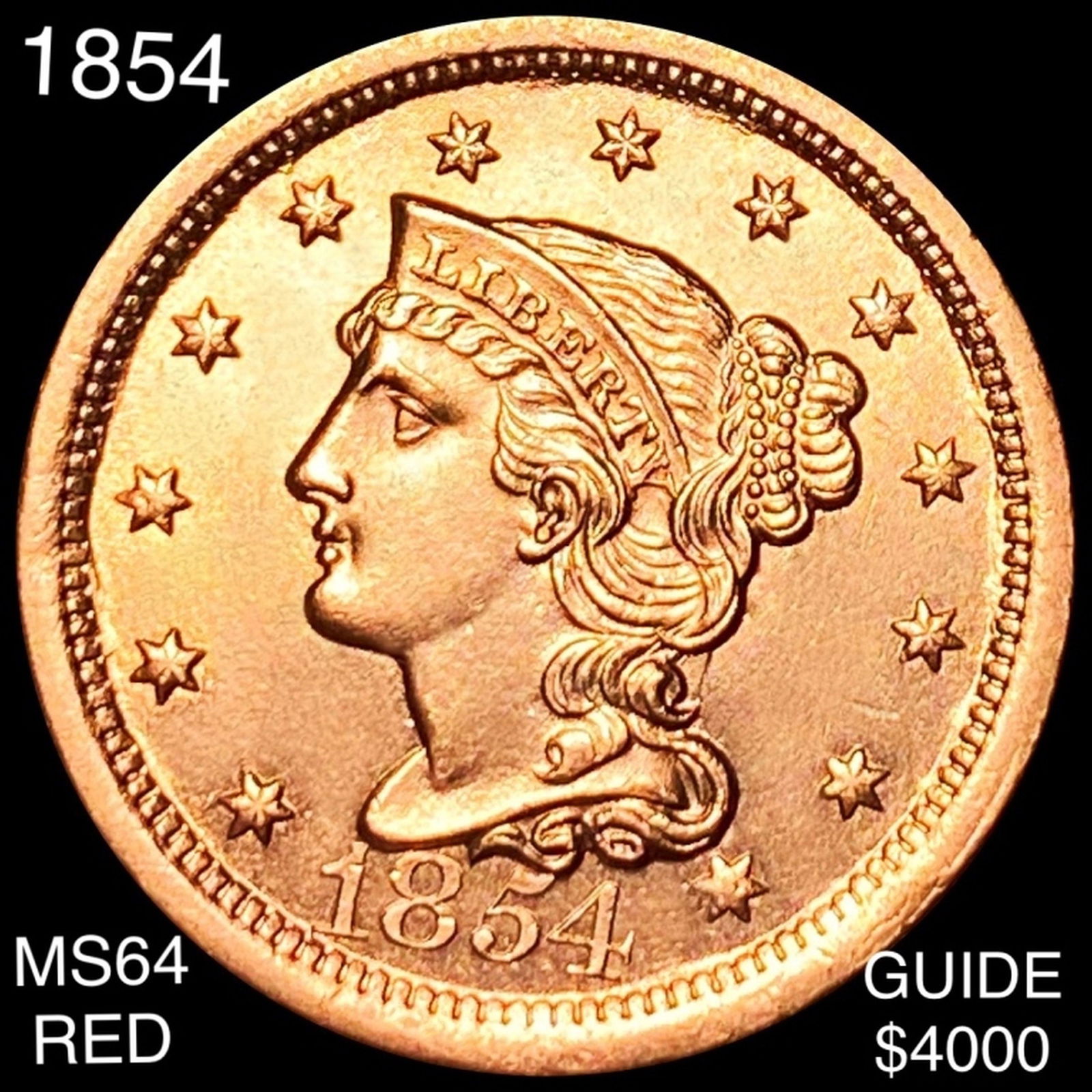 1854 Braided Hair Large Cent CHOICE BU RED (1 of 2)