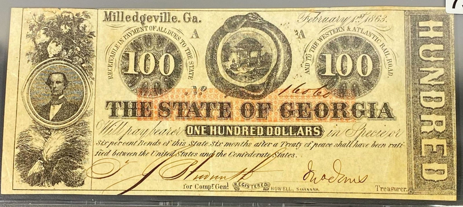 1863 $100 State Of Georgia Bill UNCIRCULATED (1 of 2)