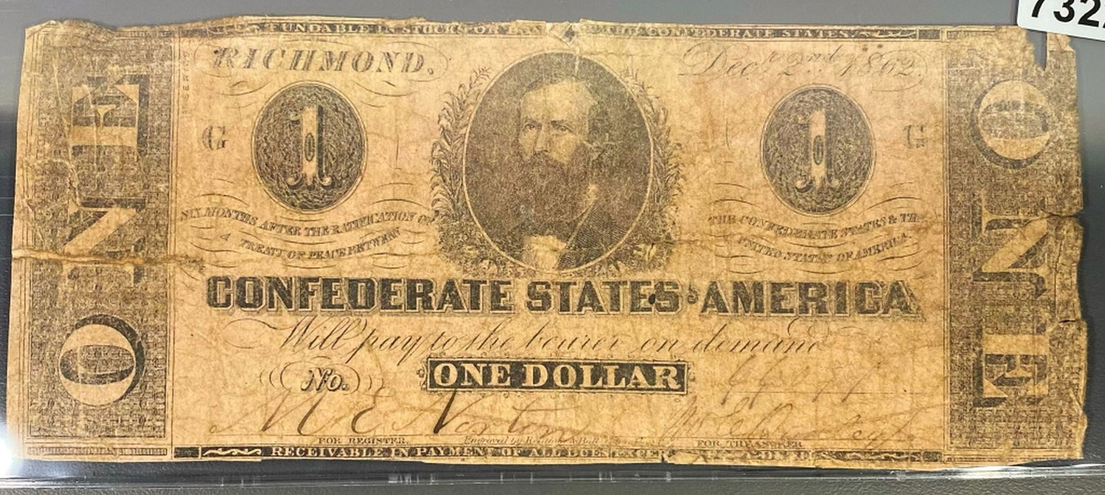 1862 $1 Confederate Bill NICELY CIRCULATED (1 of 2)