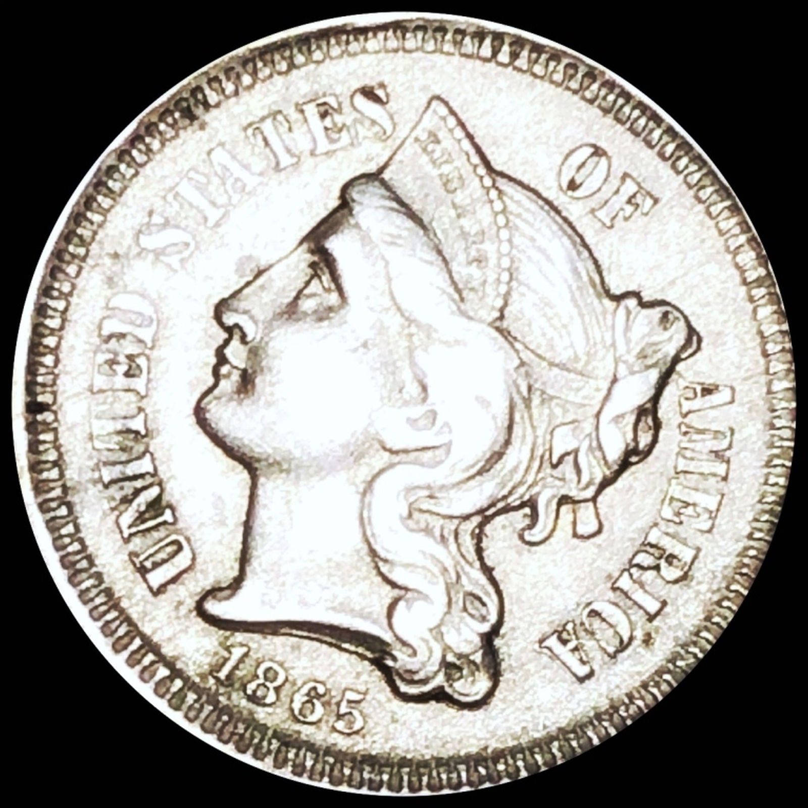 1865 Three Cent Nickel NEARLY UNCIRCULATED (1 of 2)