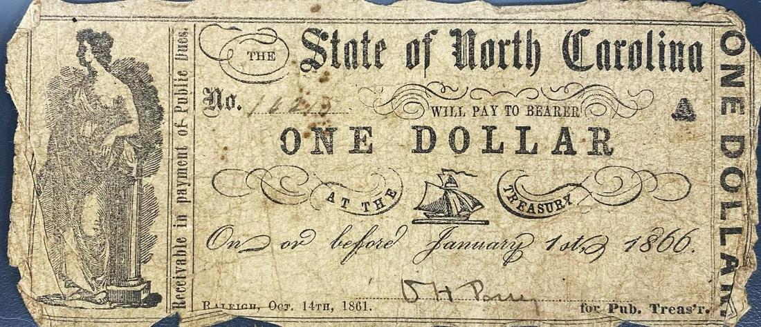 1866 $1 N. Carolina Confederate Bill NICELY CIRC (1 of 2)