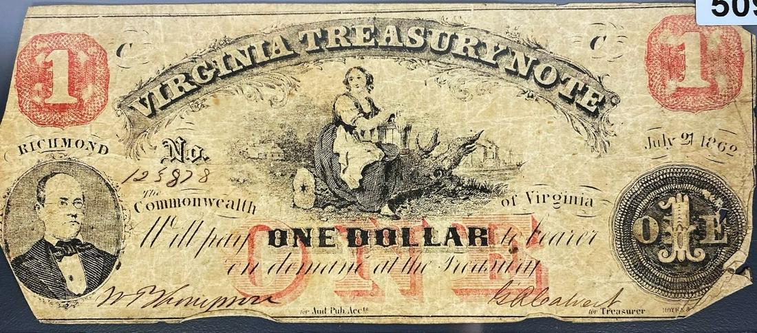 1862 $1 Virginia Confederate Bill LIGHTLY CIRC (1 of 2)