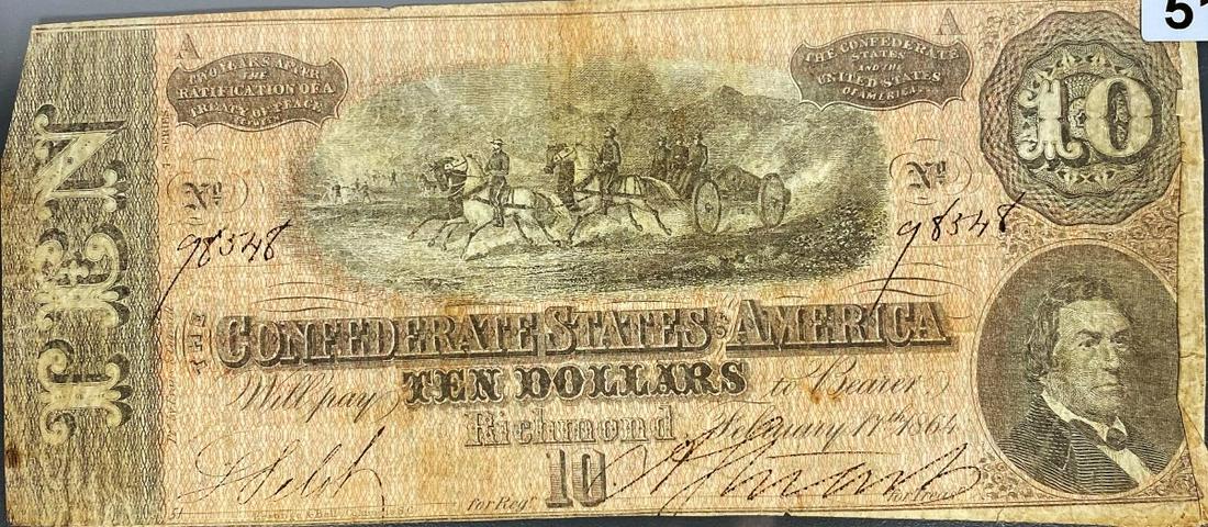 1864 $10 Confederate Bill XF (1 of 2)