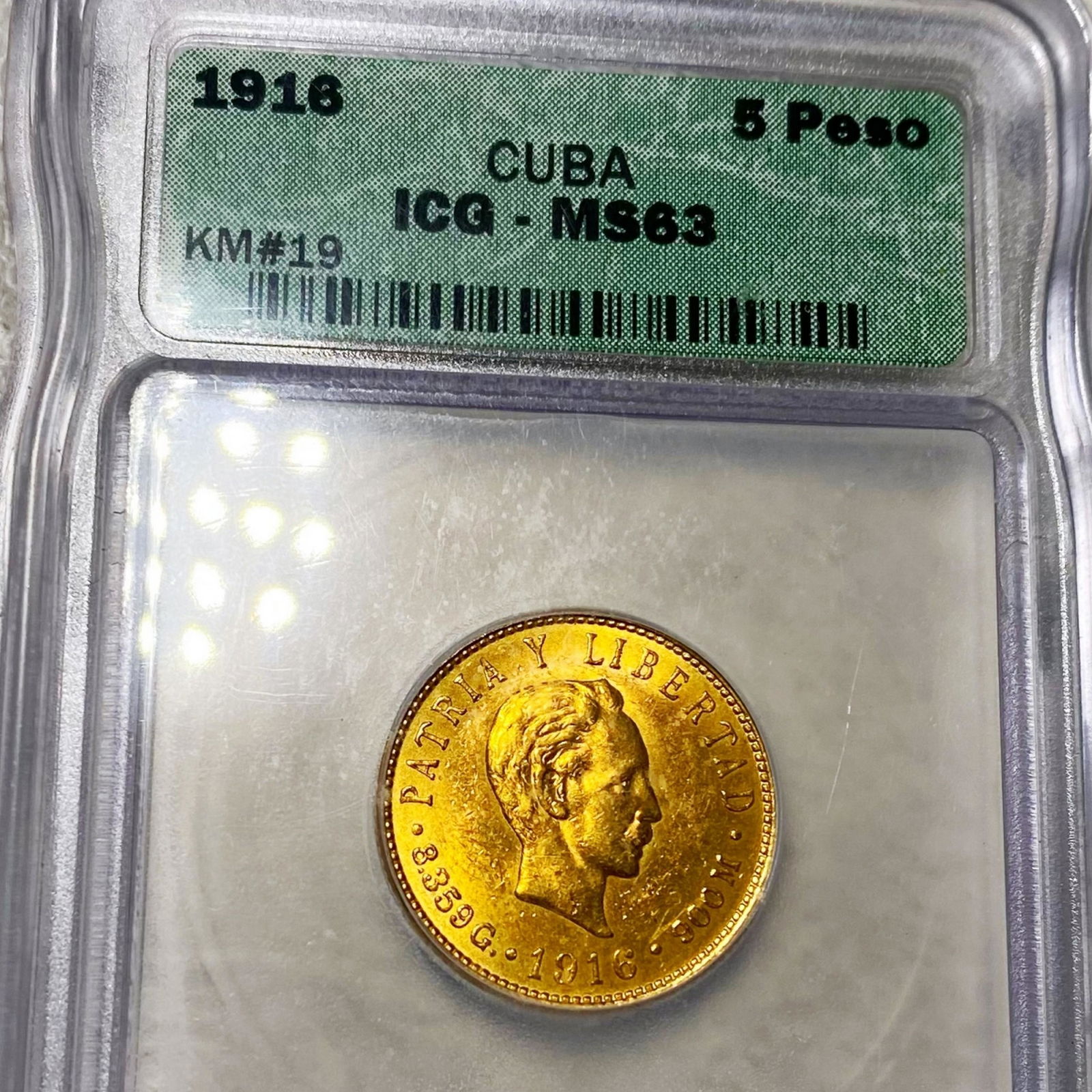 1916 Cuba Gold 5 Peso ICG - MS63 (1 of 2)