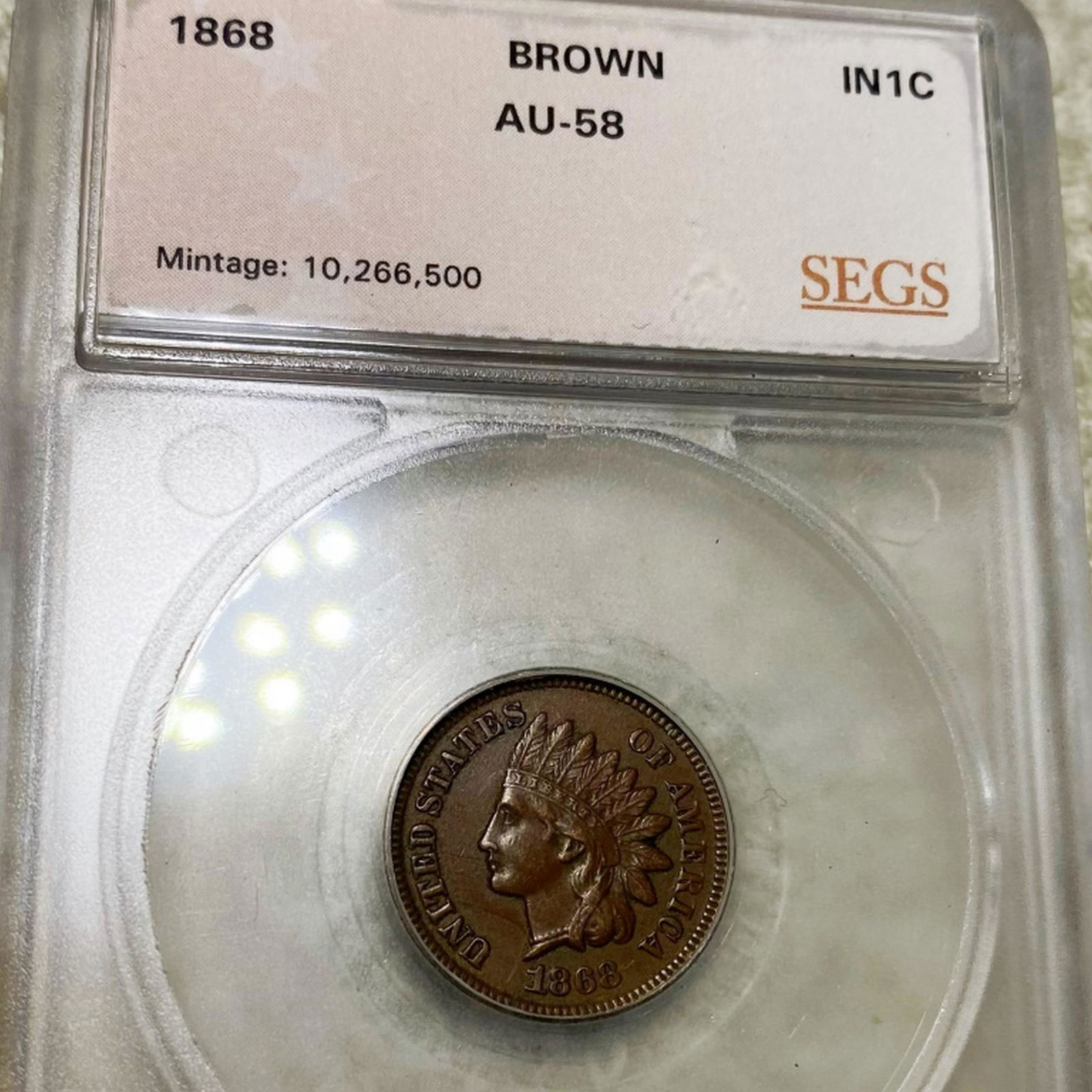 1868 Indian Head Penny SEGS - AU58 (1 of 2)