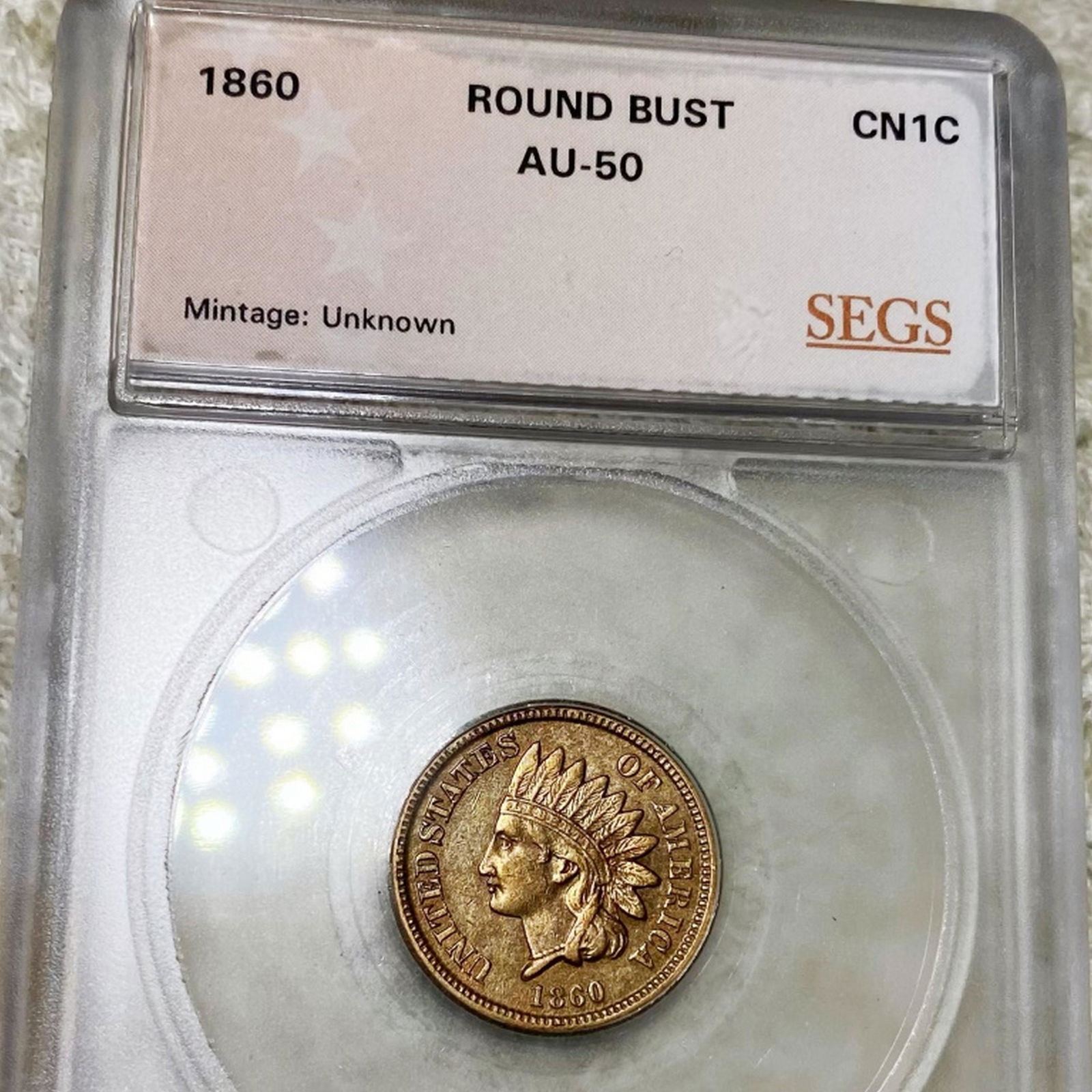 1860 Indian Head Penny SEGS - AU50 ROUND BUST (1 of 2)