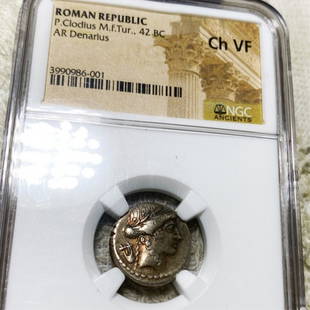 42 BC Roman Empire AR Denarius NGC - CH VF: 42 BC Roman Empire AR Denarius NGC - CH VF