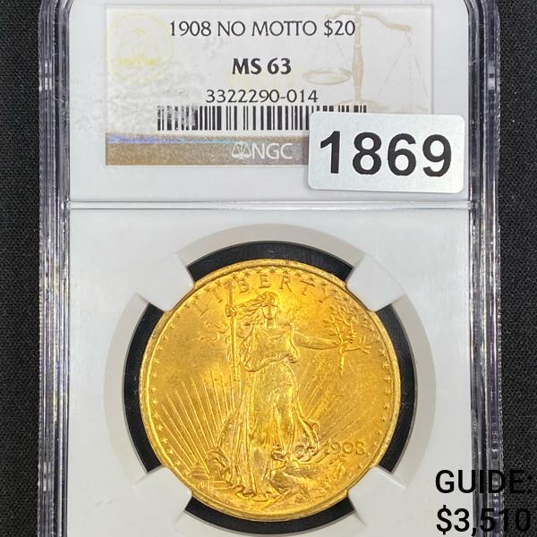 1908 No Motto $20 Gold Double Eagle NGC - MS63 (1 of 2)