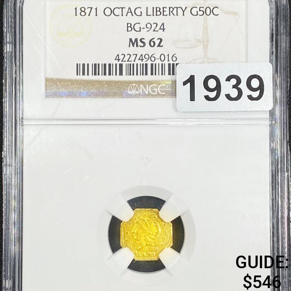 1871 Rare Gold Half Dollar NGC - MS62 (1 of 2)