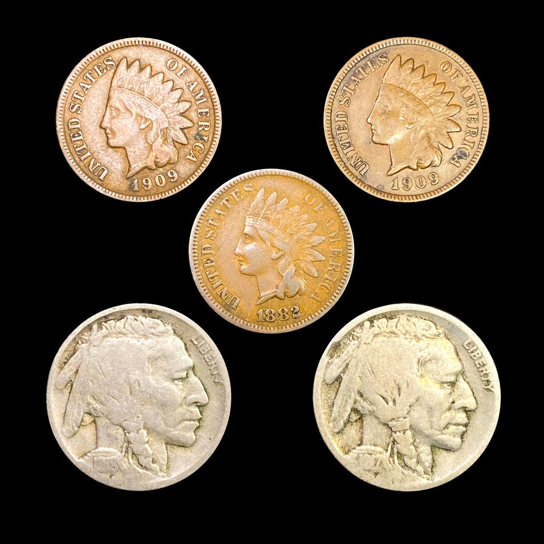 1882-1918 1C Indian Head, 5C Buffalo Set of 5 (1 of 2)