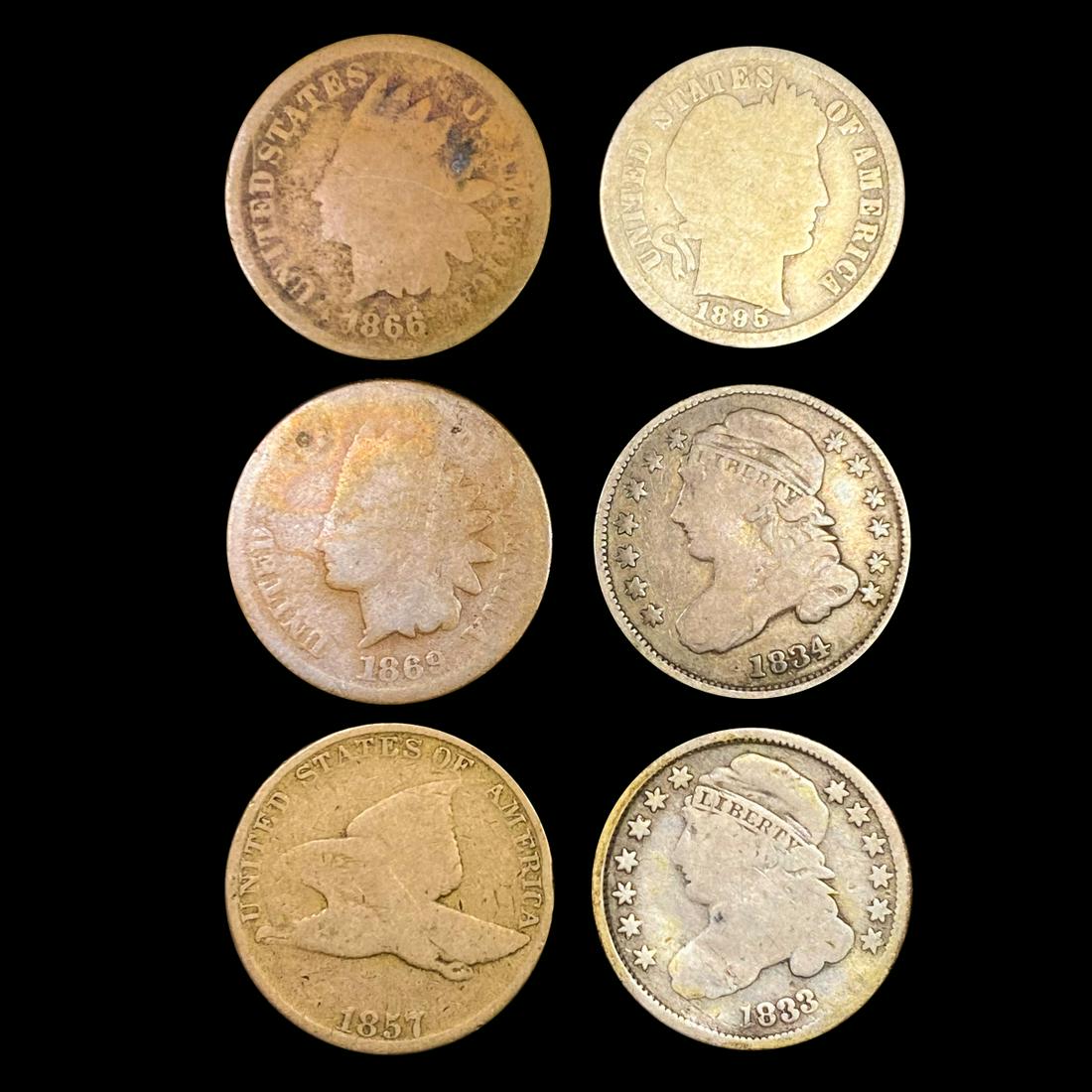 1833-1895 10C Capped Bust, 1C Flying Eagle & (1 of 2)