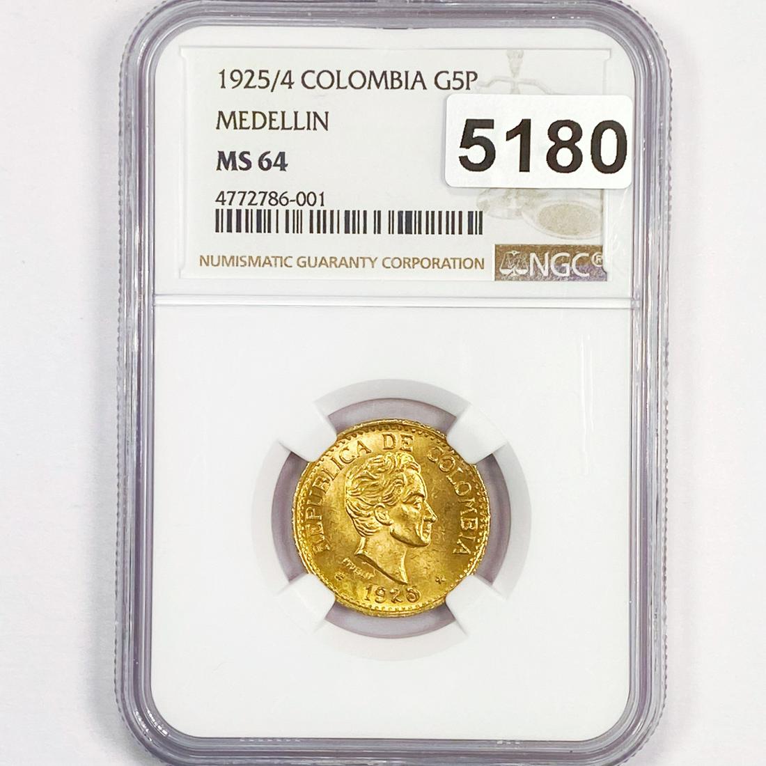1925/4 Gold (.916 2/3)Colombian 5 Pesos NGC - (1 of 2)