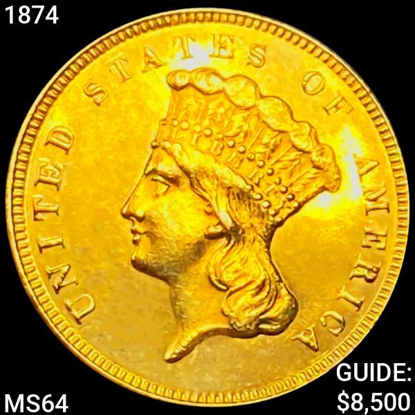 1874 $3 Gold Piece CHOICE BU (1 of 2)