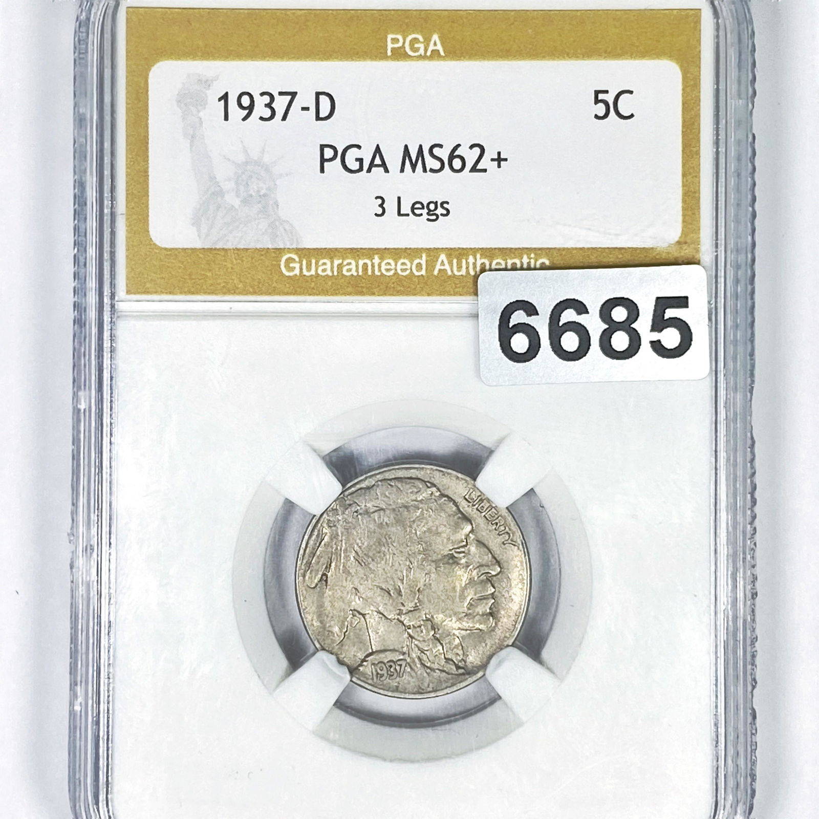 1937-D 3 Legs Buffalo Nickel PGA - MS62+ (1 of 2)