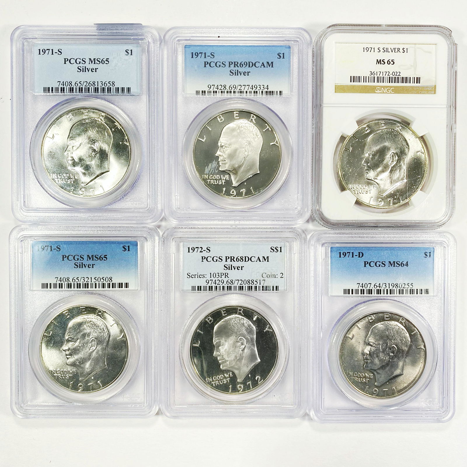 1971-1972-S Set (6)Ike Silver Dollars PCGS & (1 of 2)