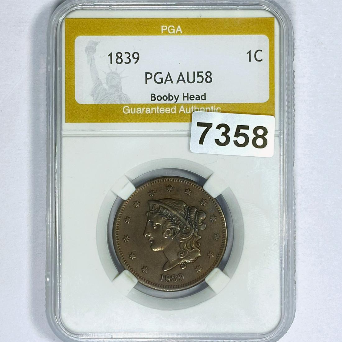1839 Booby Head Coronet Head Large Cent PGA - AU58 (1 of 2)