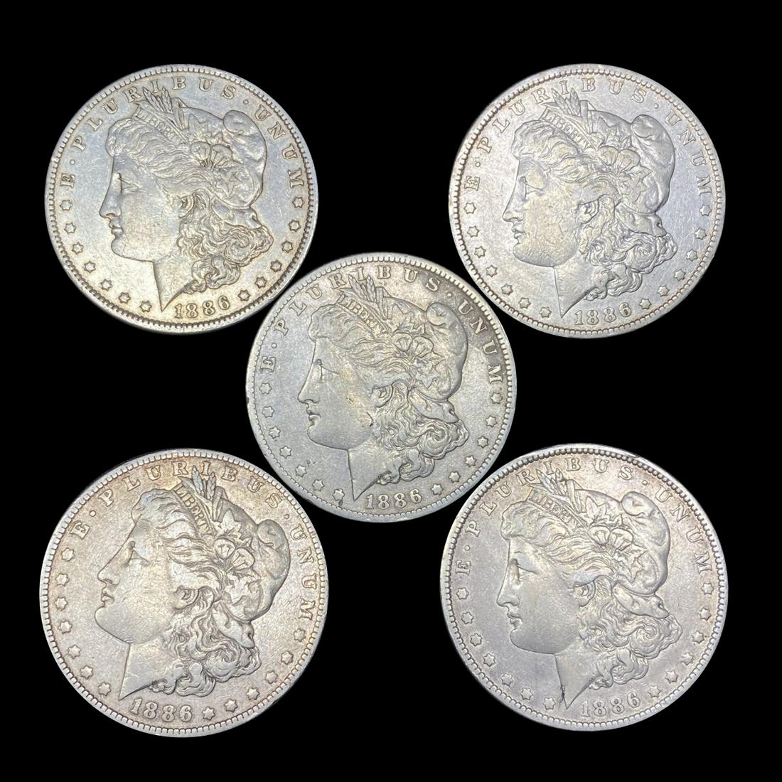 1886-O (5) Morgan Silver Dollars ABOUT UNC (1 of 2)