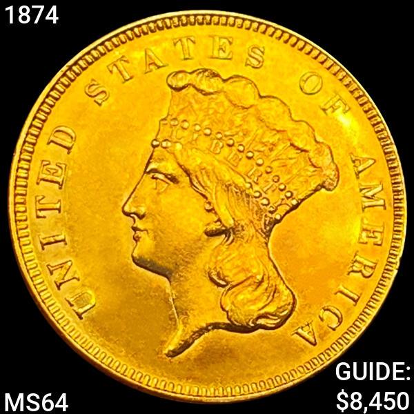 1874 $3 Gold Piece CHOICE BU (1 of 2)