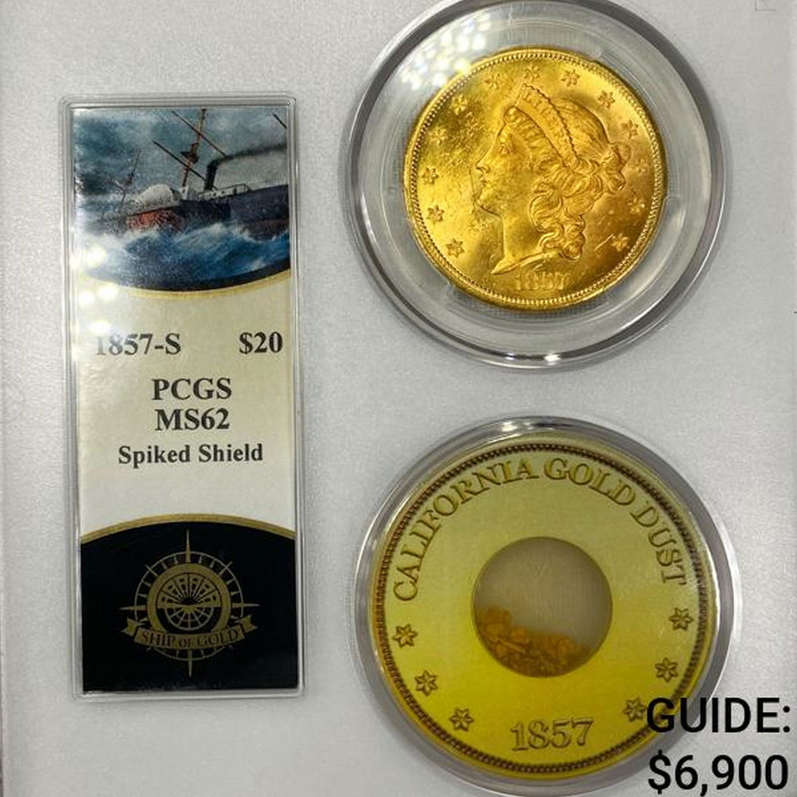 1857-S $20 Gold & CA Gold Dust PCGS-MS62 (1 of 2)