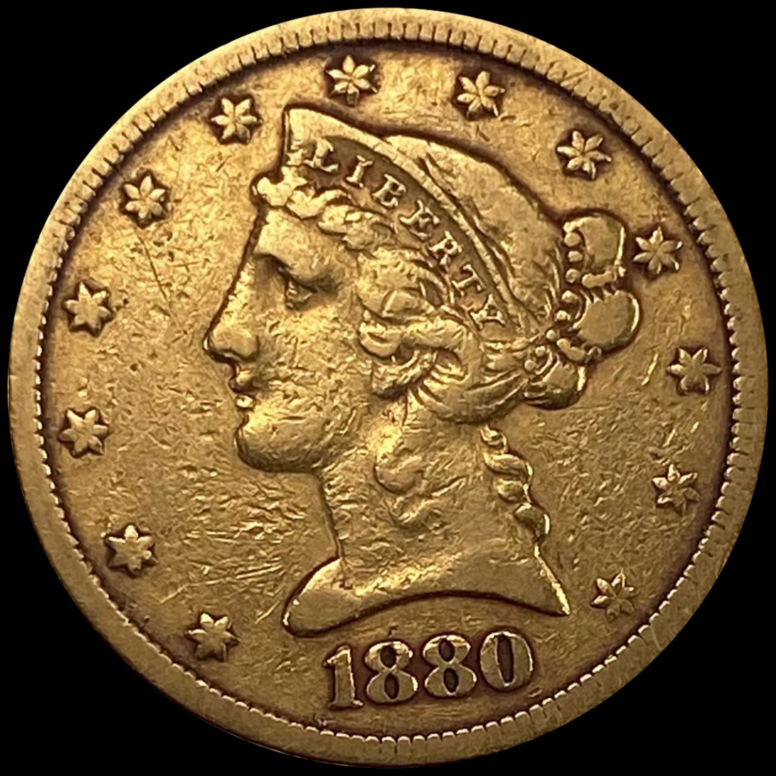 1880 $5 Gold Half Eagle ABOUT UNCIRCULATED (1 of 2)