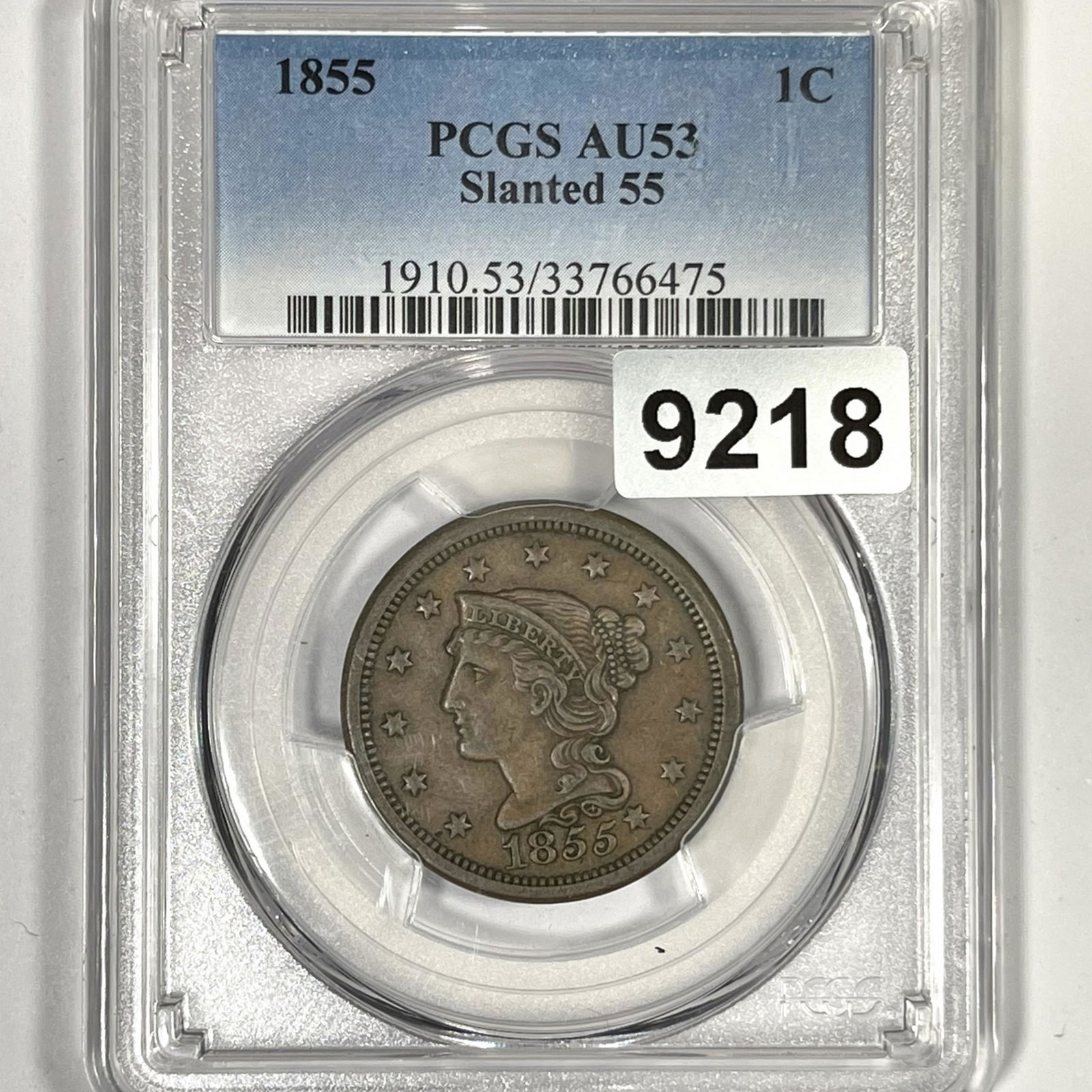 1855 Braided Hair Large Cent PCGS-AU53 Slanted 55 (1 of 2)