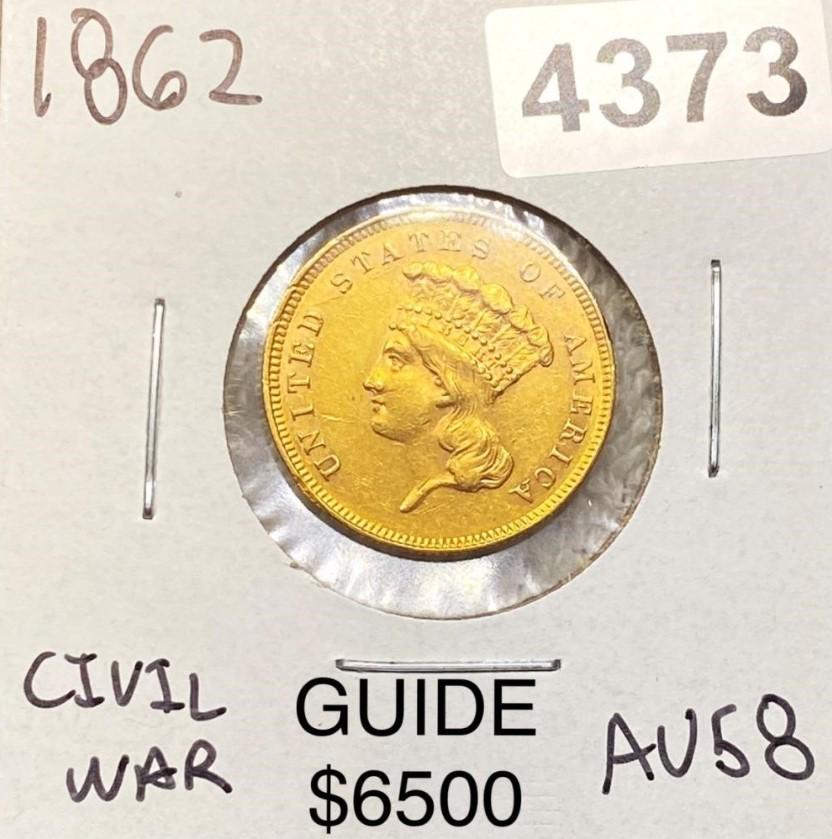 1862 $3 Gold Piece CHOICE AU CIVIL WAR DATE (1 of 2)