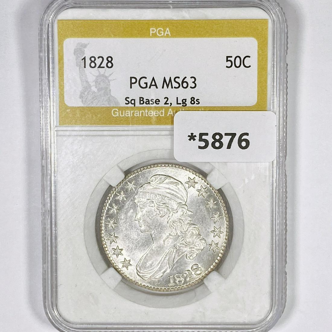 1828 Capped Bust Half Dollar PGA-MS63 Sq Base 2, (1 of 2)