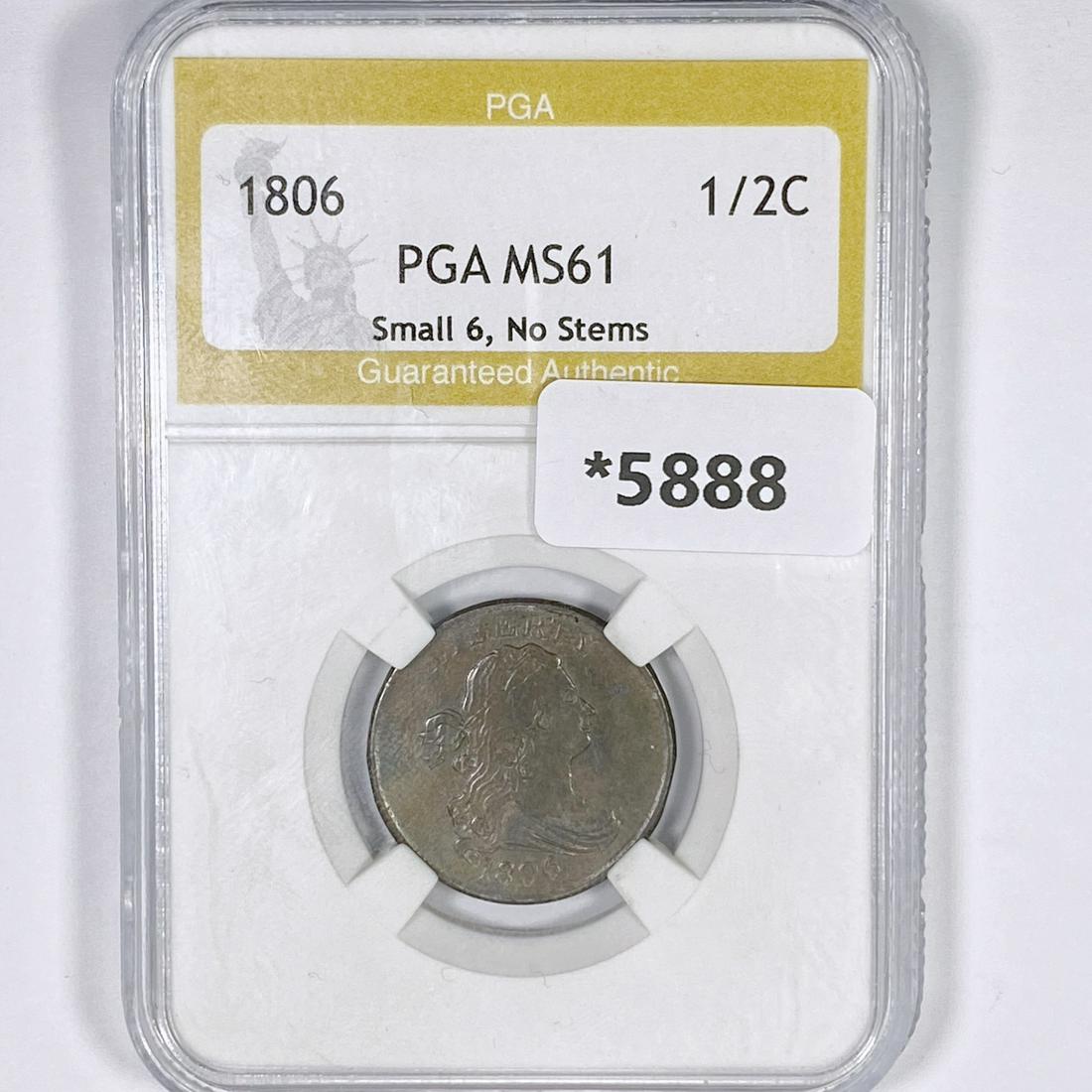 1806 Draped Bust Half Cent PGA-MS61 Sm 6, No Stem (1 of 2)