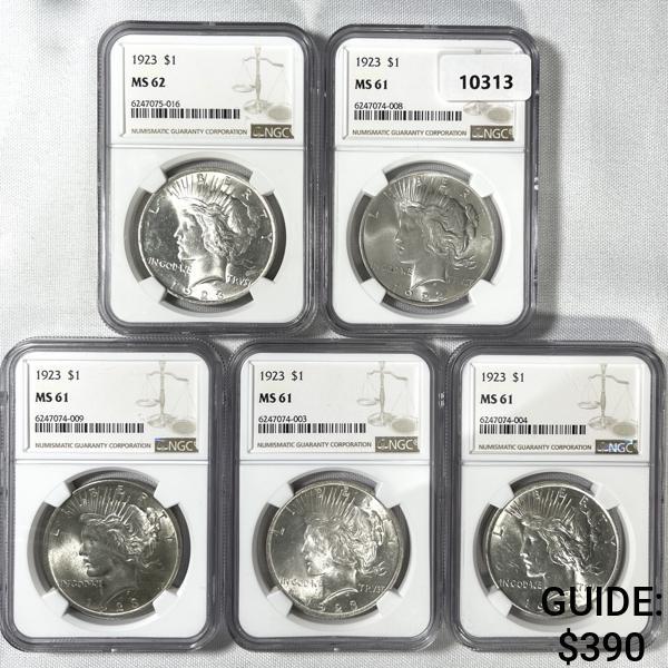 1923 Set (5) Silver Peace Dollar NGC-MS61+ (1 of 2)
