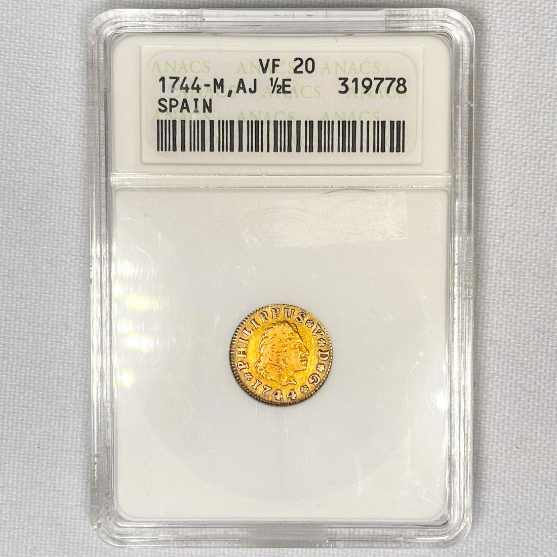 1744-M,AJ Spain Gold 1/2 Escudo ANACS-VF20 (1 of 2)