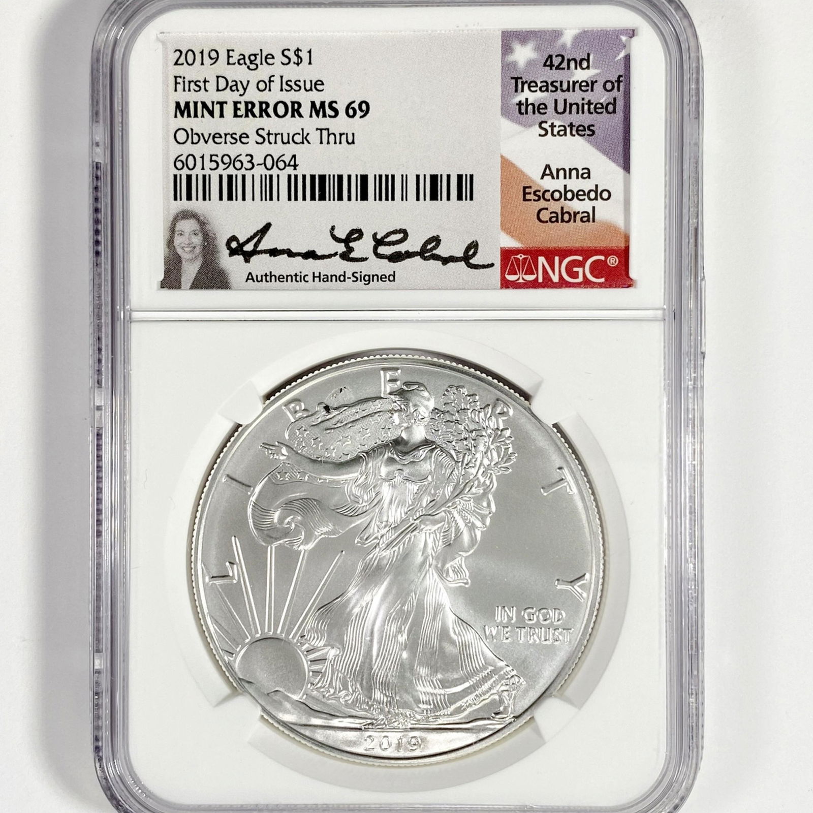 2019 Silver Eagle NGC-MS69 M.E. Obv Struck Thru (1 of 2)