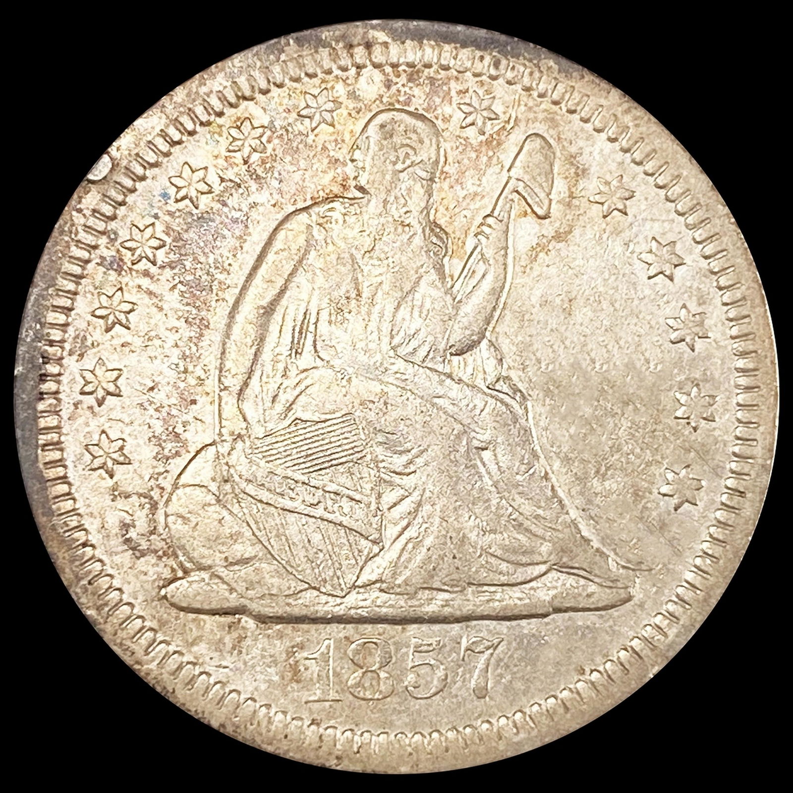 1857-O Seated Liberty Quarter ABOUT UNCIRCULATED (1 of 2)