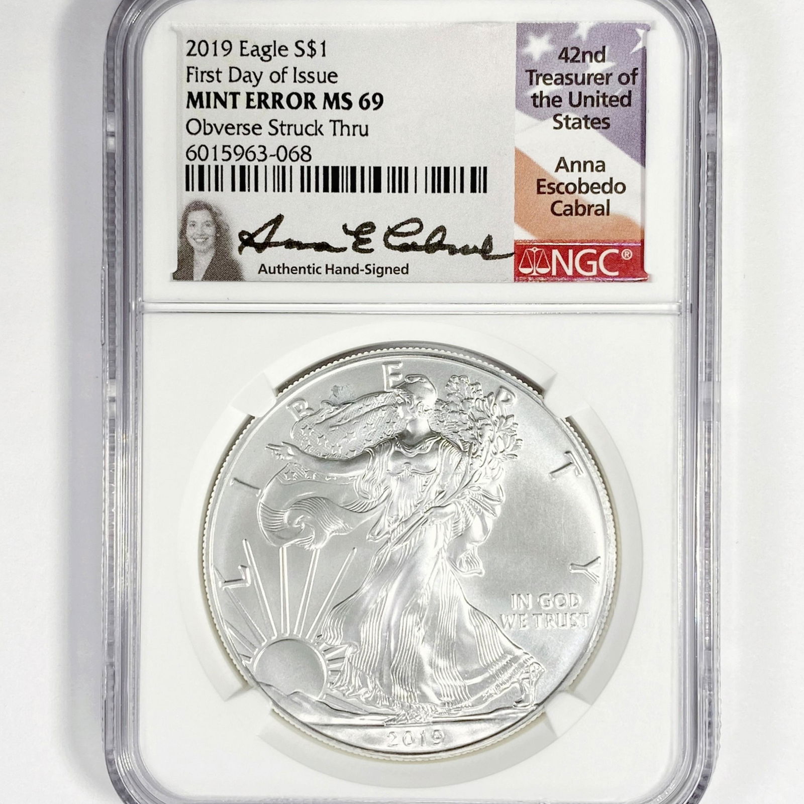 2019 Silver Eagle NGC-MS69 M.E. Obv Struck Thru (1 of 2)