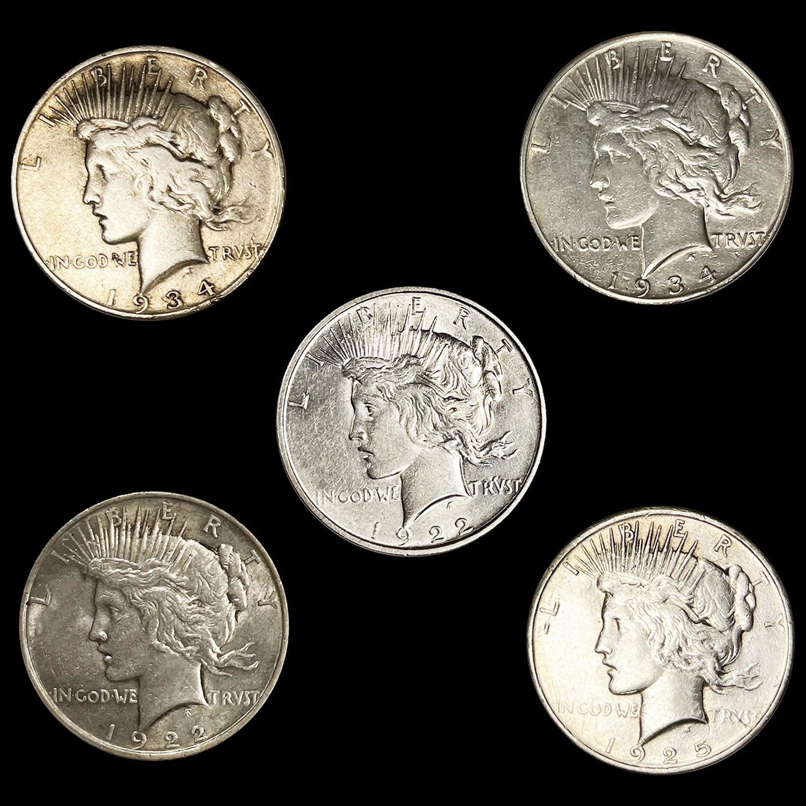 (5) Peace Silver Dollars NEARLY UNCIRCULATED (1 of 2)