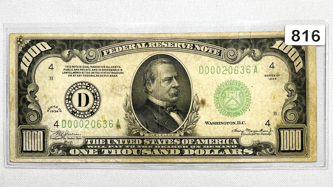1934 $1000 One Thousand Dollar Fed. Reserve Note (1 of 2)
