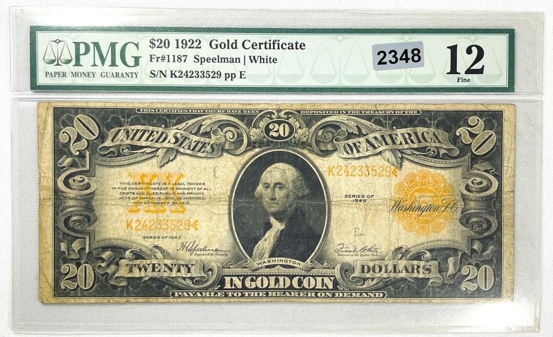 1922 US Gold Seal $20 Gold Certificate PMG-F12 (1 of 2)