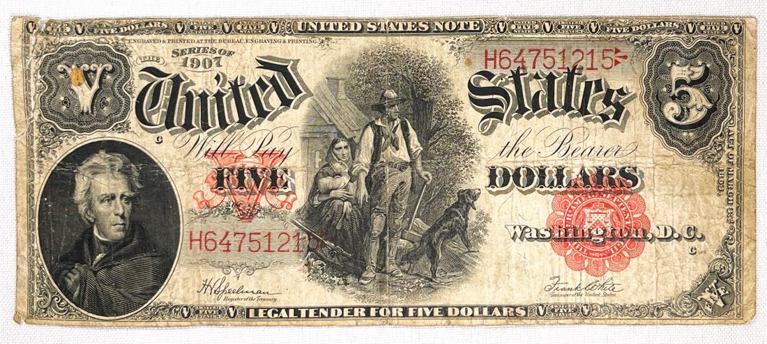 1907 US Wood Chopper Red Seal Five Dollar Bill (1 of 2)