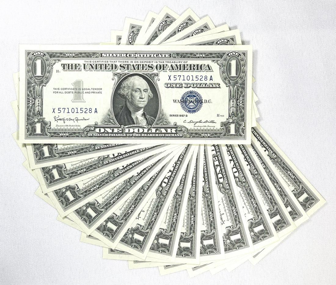 (15) 1957-B US Blue Seal One Dollar Bills UNC (1 of 2)
