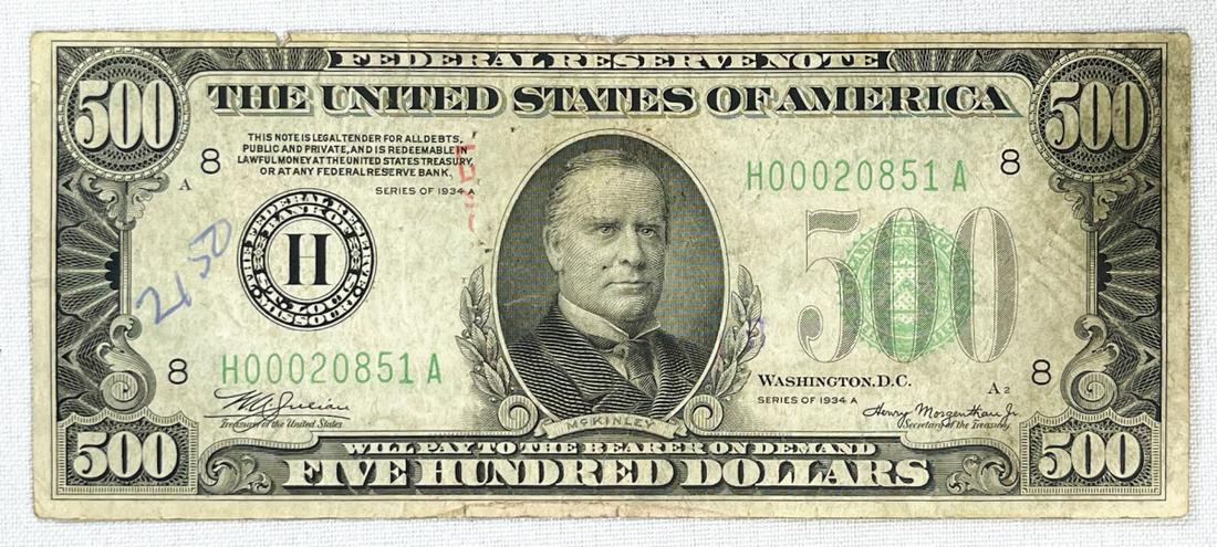 1934-A $500 Five Hundred Dollar Federal Res Note (1 of 2)