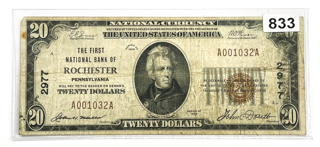 1929 $20 Rochester, PA National Bank Note (1 of 2)